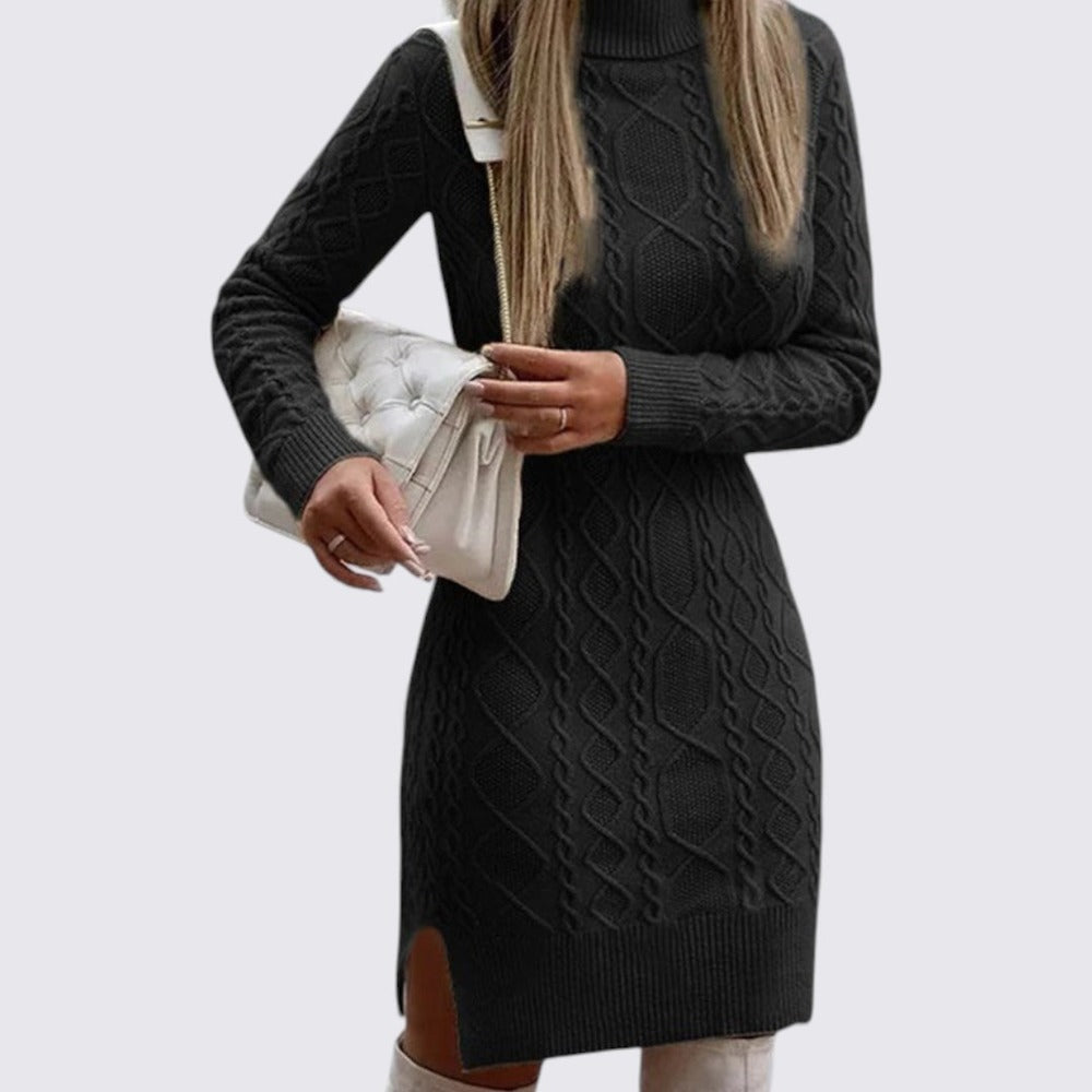 Women's Knitted Dress with Stand-Up Collar – Long Sleeve – Cable Knit Dress