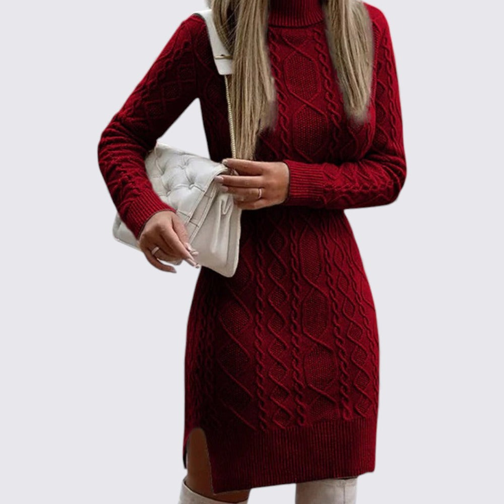 Women's Knitted Dress with Stand-Up Collar – Long Sleeve – Cable Knit Dress