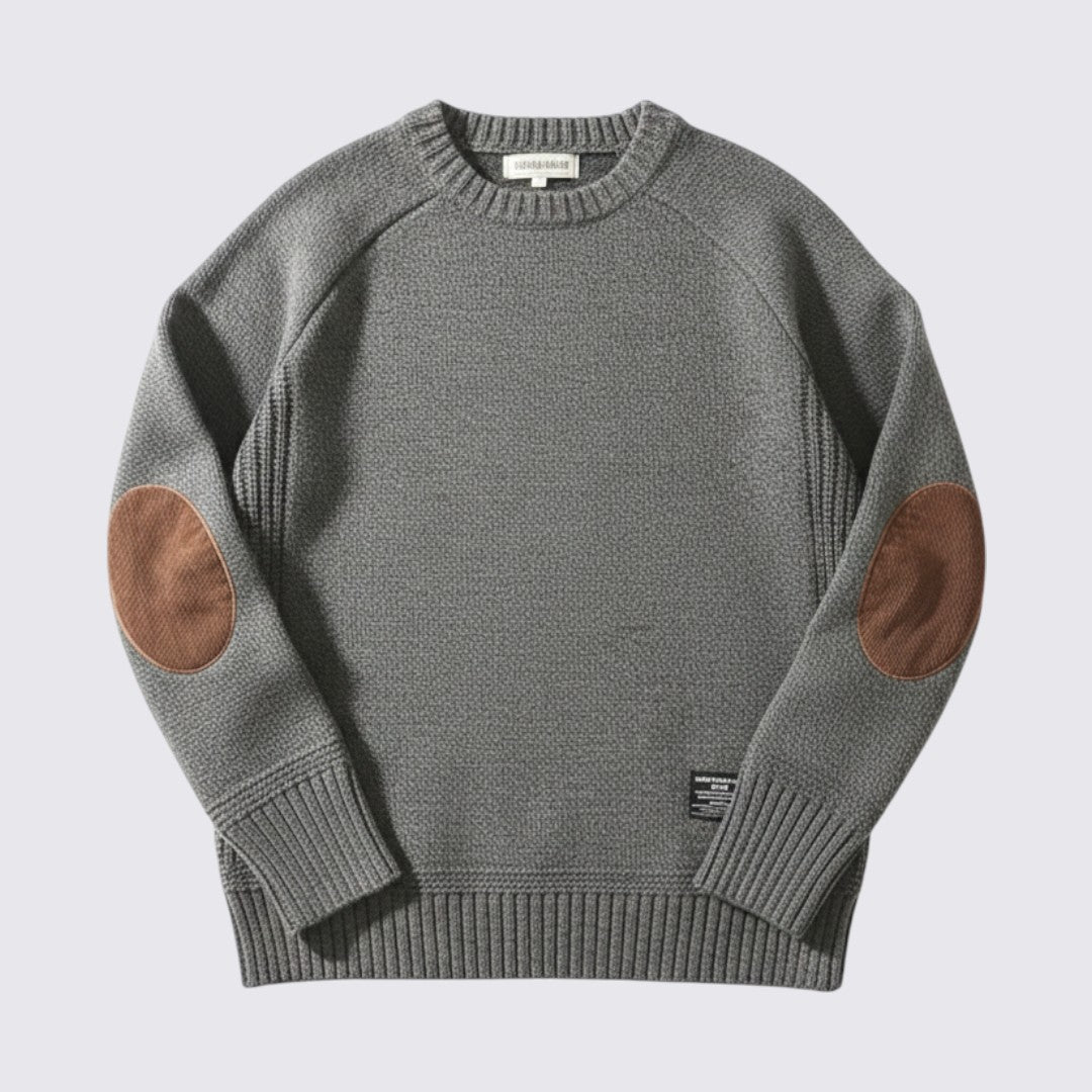 Men's Sweater with Elbow Patches - Fine Knit Jumper - Crew Neck
