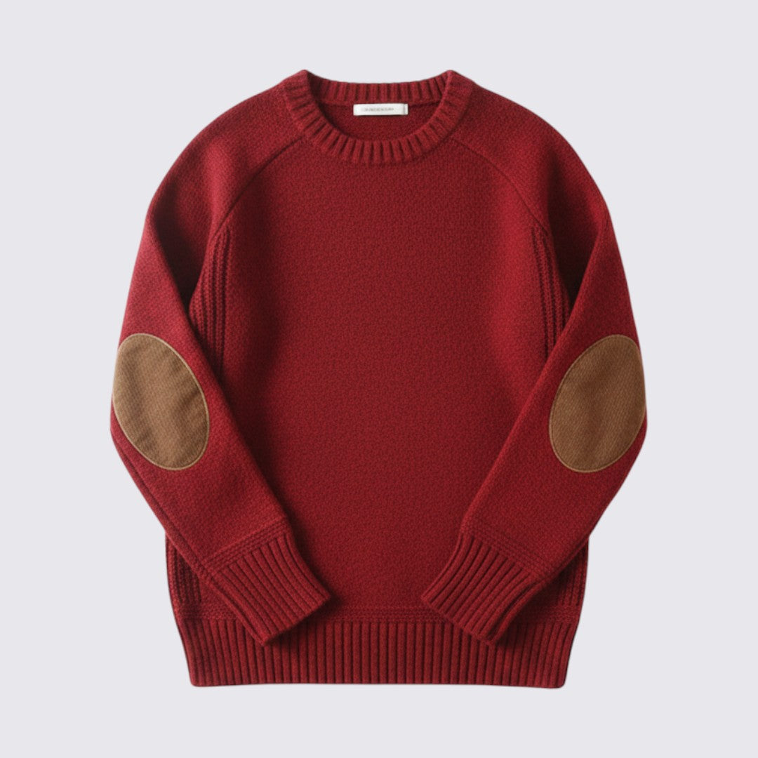 Men's Sweater with Elbow Patches - Fine Knit Jumper - Crew Neck