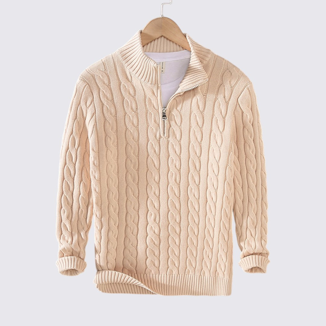Men's Zip-Up Sweater - Cable Knit Pullover - Stand-Up Collar