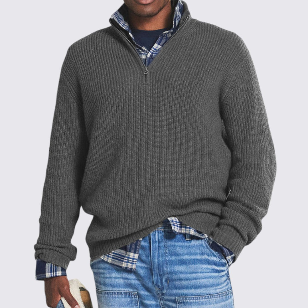 Men's Zip Collar Jumper - Ribbed Knit Jumper - Ribbed Cuffs