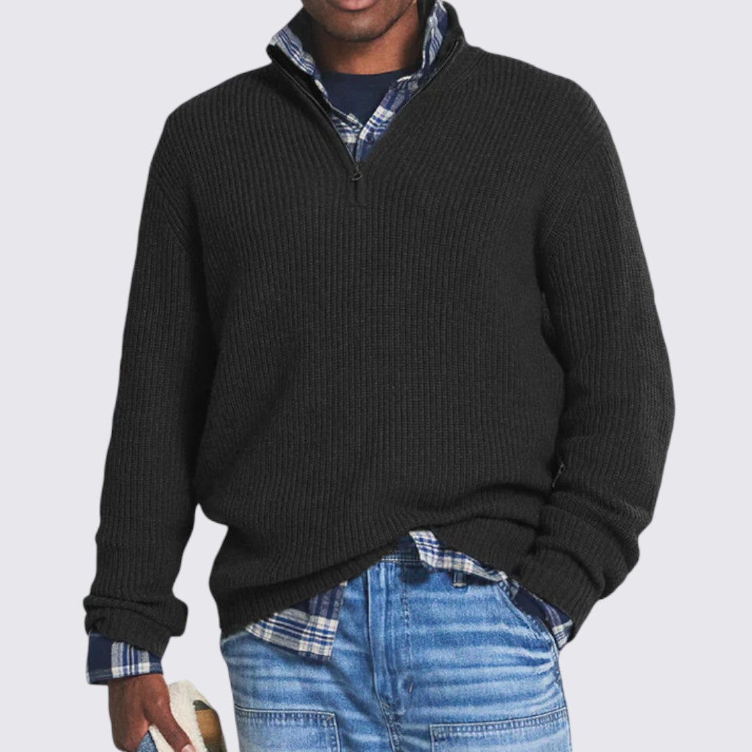 Men's Zip Collar Jumper - Ribbed Knit Jumper - Ribbed Cuffs