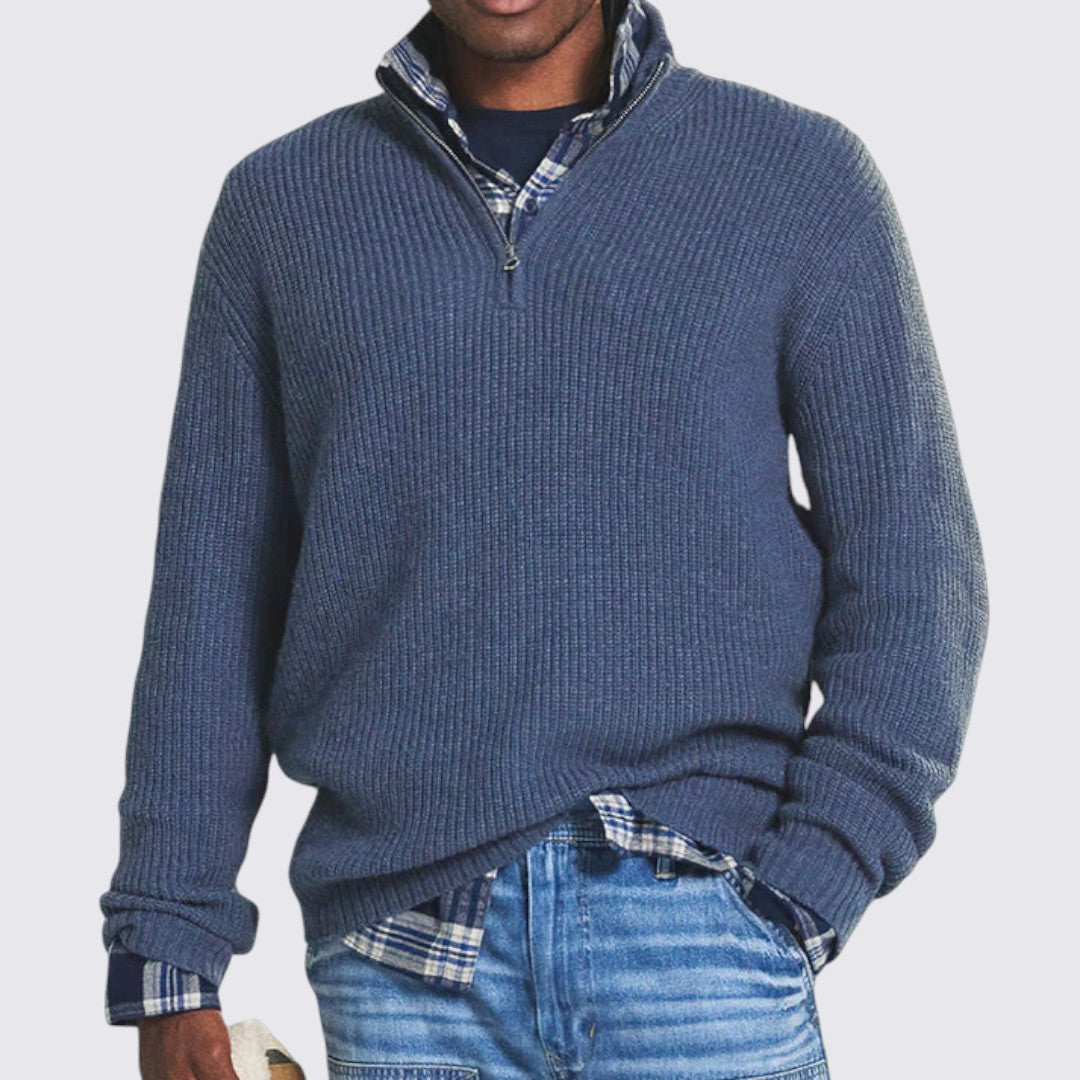 Men's Zip Collar Jumper - Ribbed Knit Jumper - Ribbed Cuffs