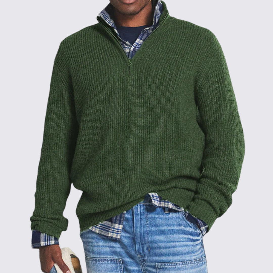 Men's Zip Collar Jumper - Ribbed Knit Jumper - Ribbed Cuffs