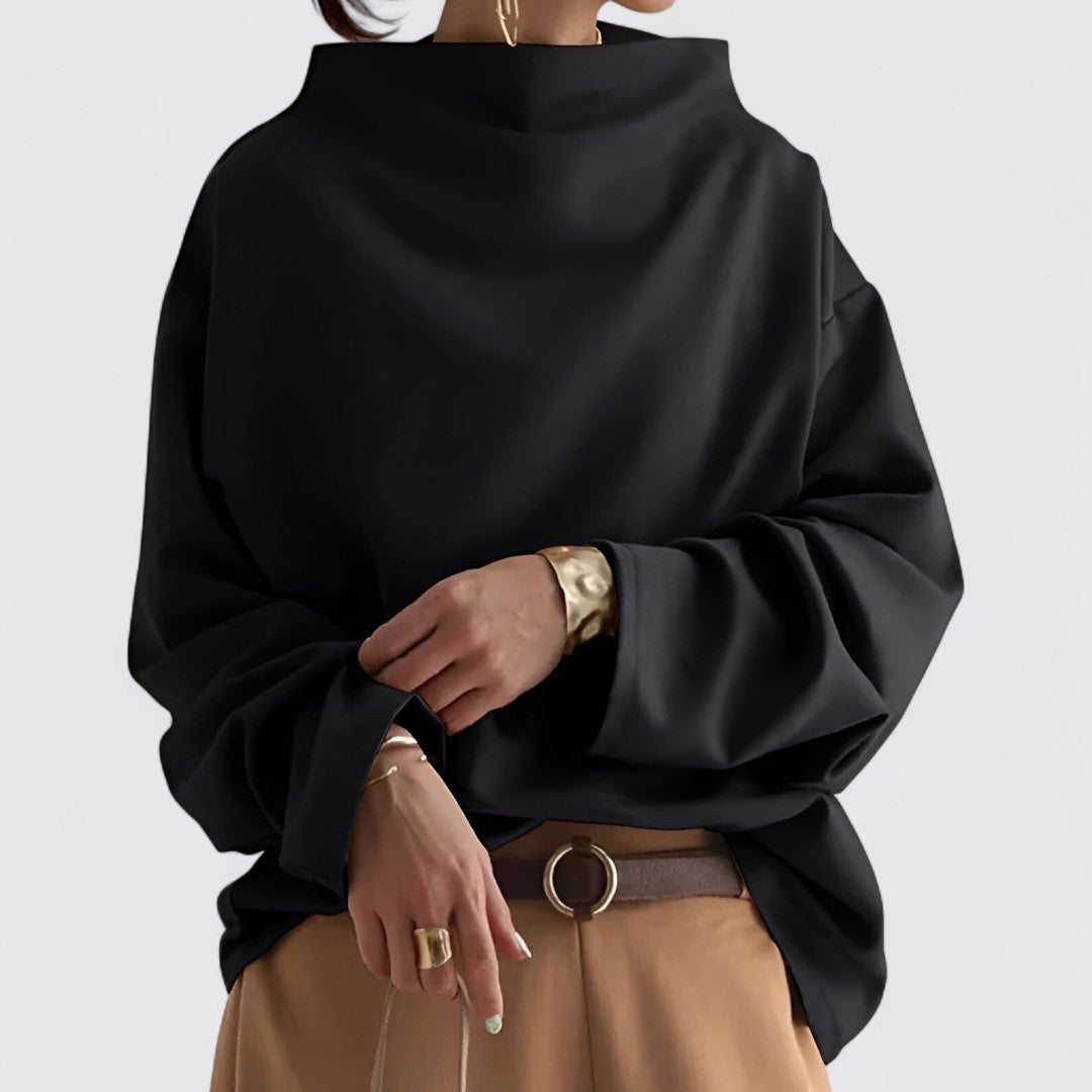 Women's Blouse with Oversized Cut - Long Sleeve Blouse - Wide Neckline