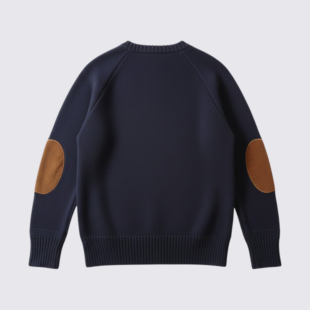 Men's Sweater with Elbow Patches - Fine Knit Jumper - Crew Neck