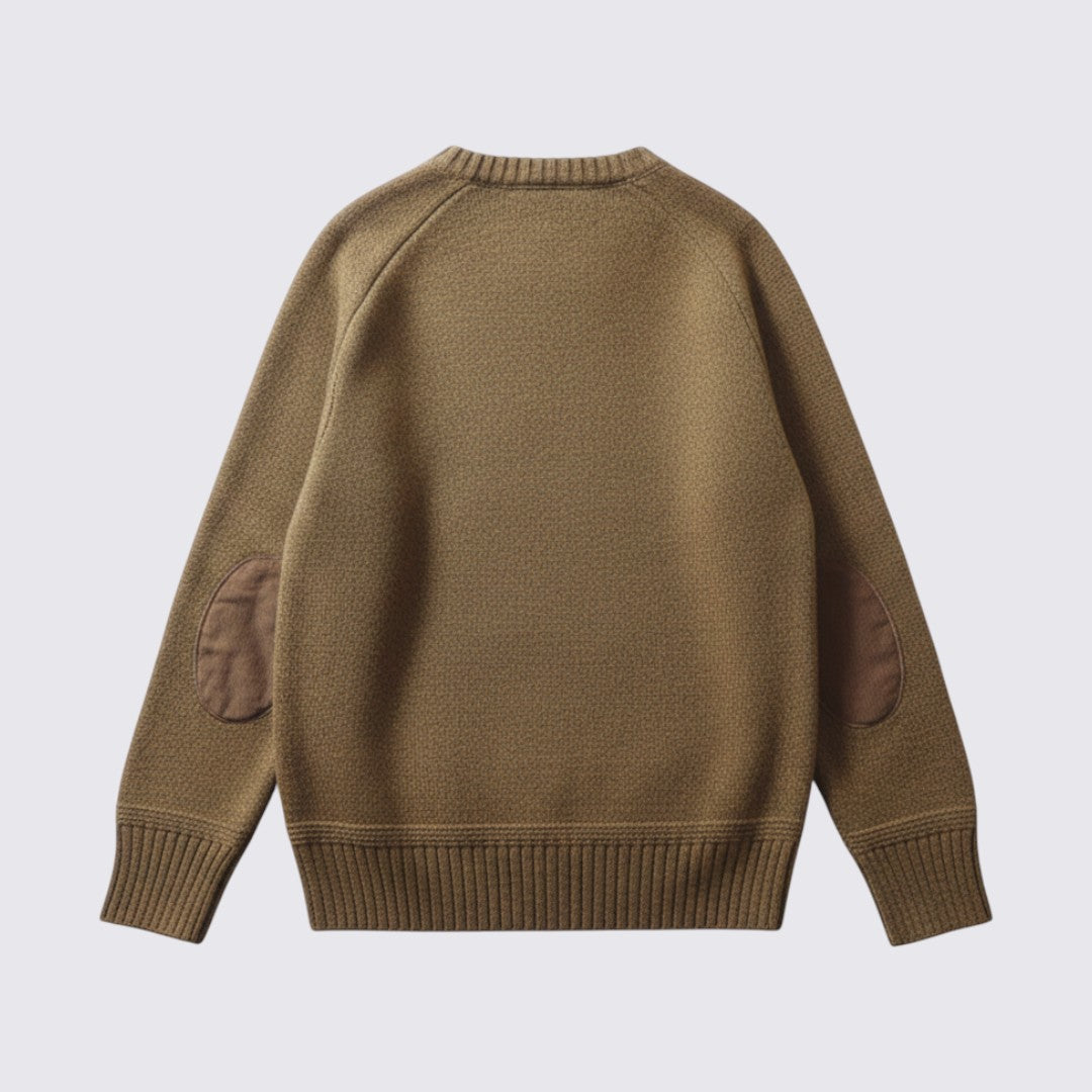 Men's Sweater with Elbow Patches - Fine Knit Jumper - Crew Neck