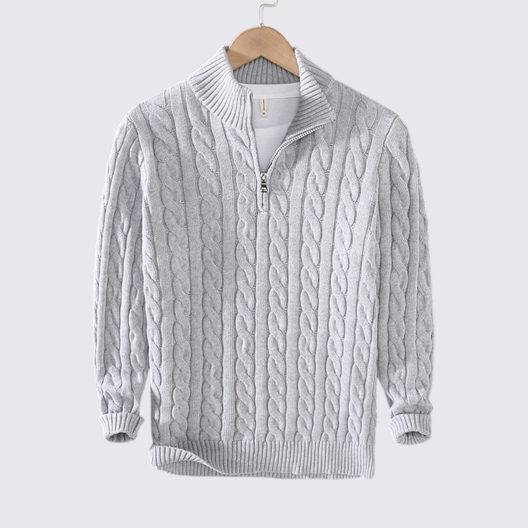 Men's Zip-Up Sweater - Cable Knit Pullover - Stand-Up Collar