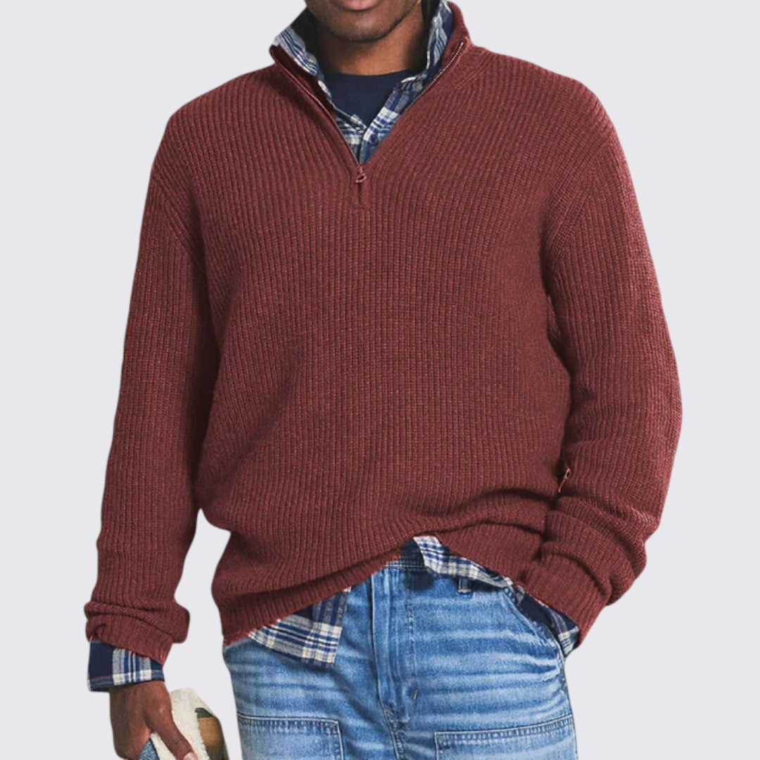 Men's Zip Collar Jumper - Ribbed Knit Jumper - Ribbed Cuffs